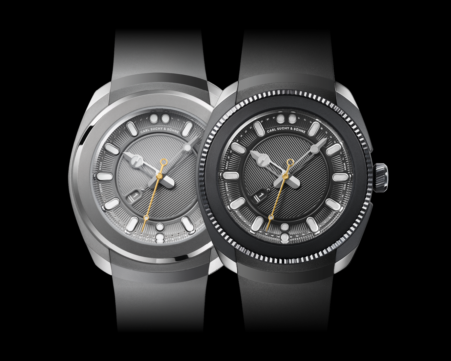 Two wristwatches side by side, one silver and one black, with similar dial designs and rubber straps, set against a black background.