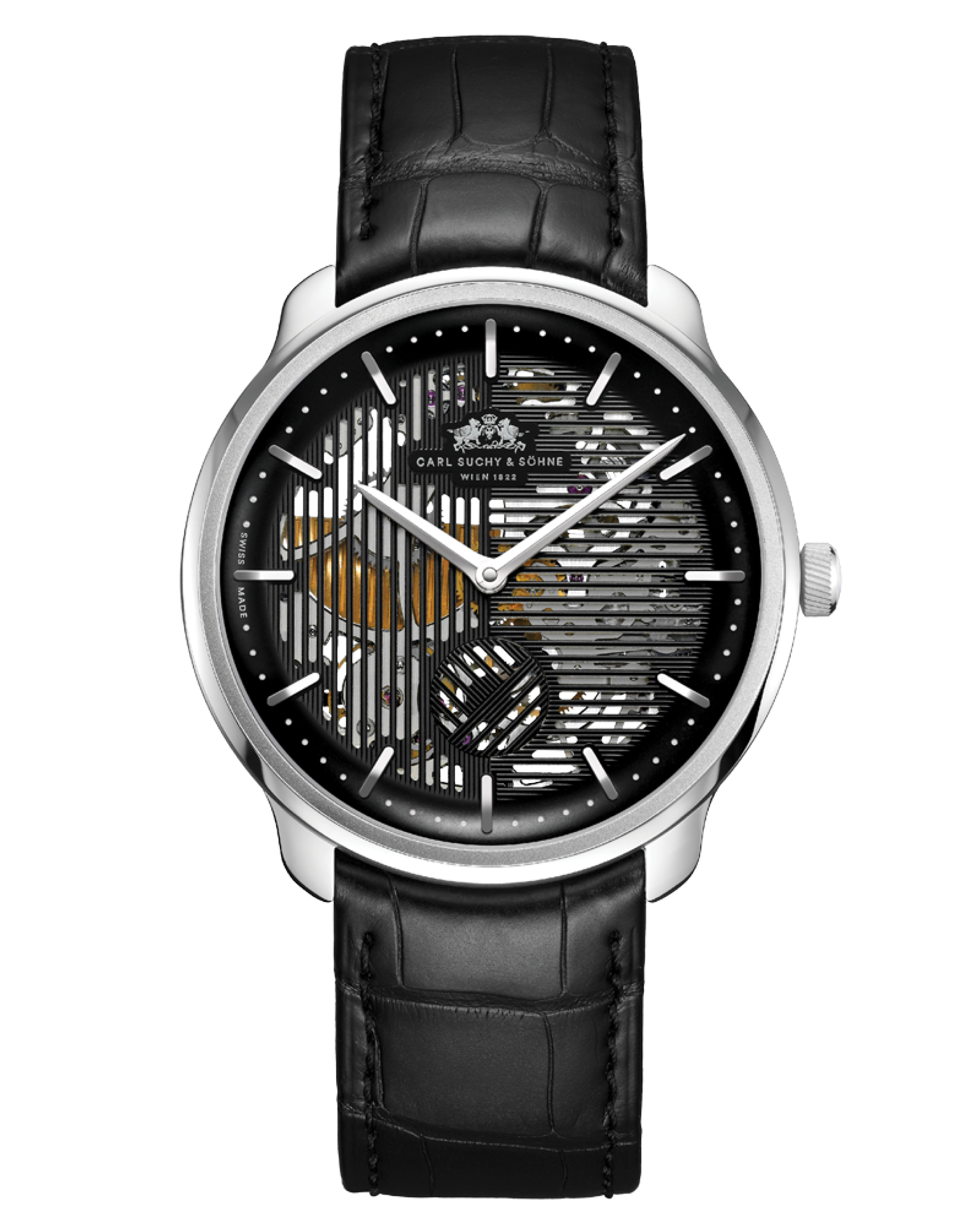 A luxury wristwatch with a black leather strap, a silver case, and a skeleton dial showing the inner mechanics and gears.