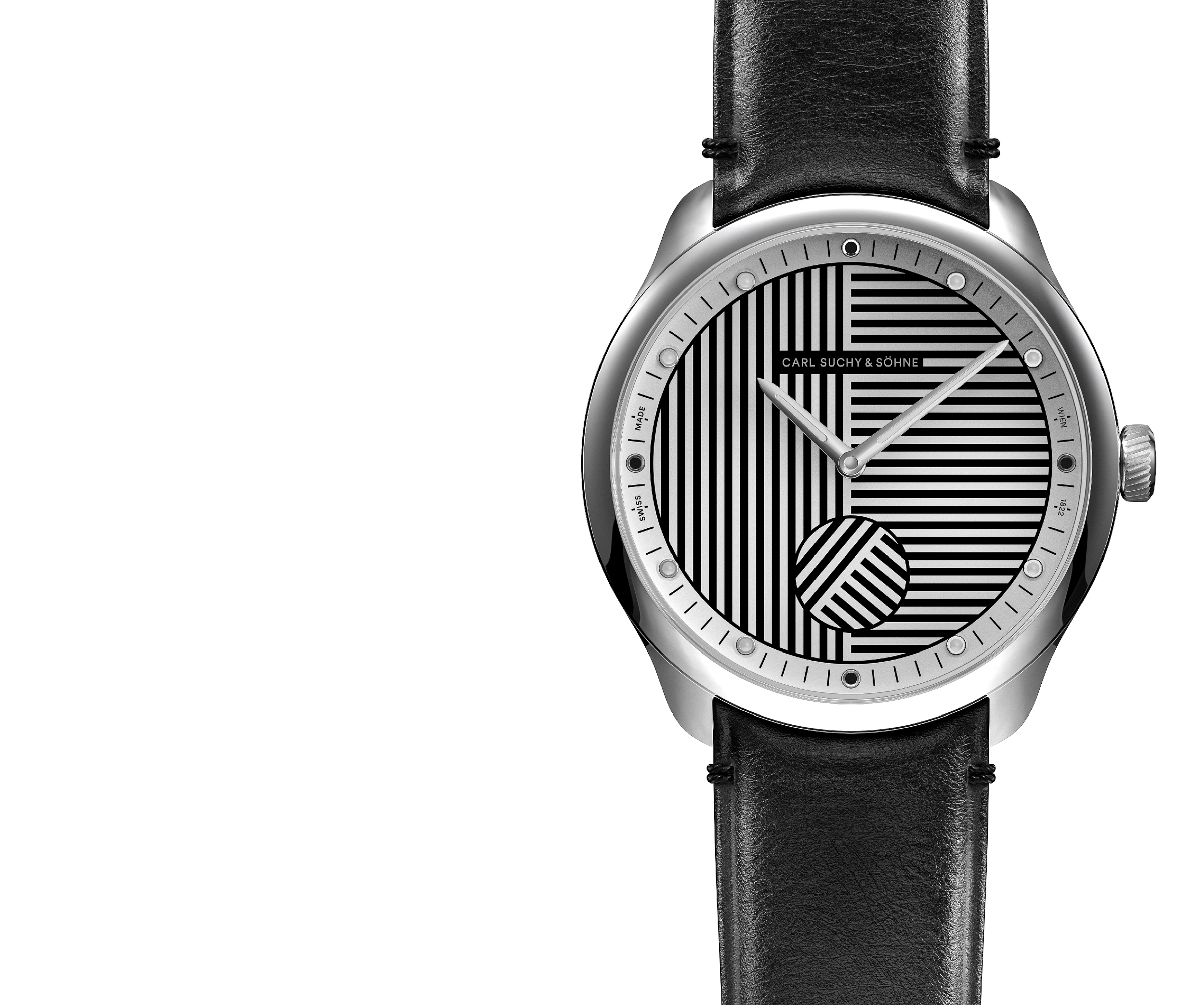 Vienna Night. A wristwatch with a black leather strap and silver case featuring a black and white geometric striped dial design.