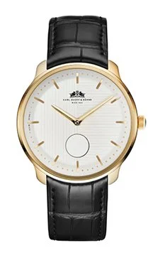 A luxury watch with a white dial, gold case, black leather strap, and minimalistic design with gold hour markers and hands.