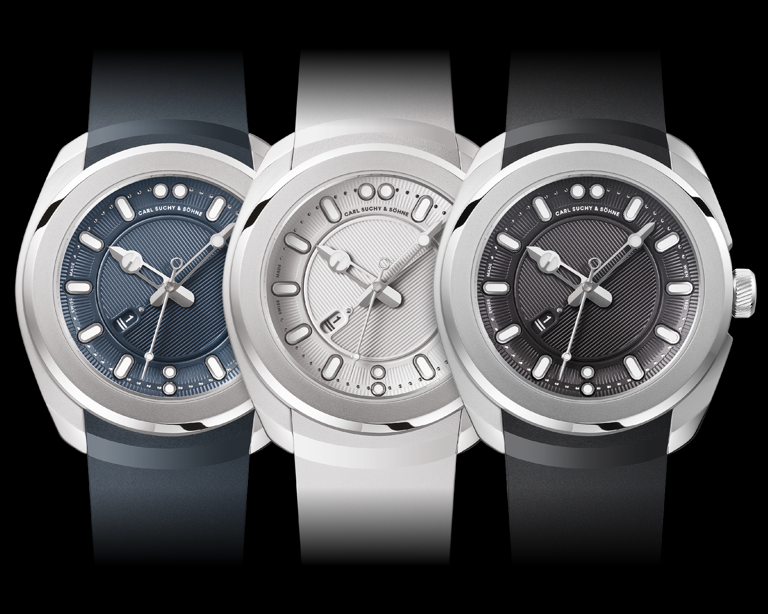 Three luxury wristwatches with round faces and black, white, and blue dials, each with a date window and three hands, displayed side by side against a black background.