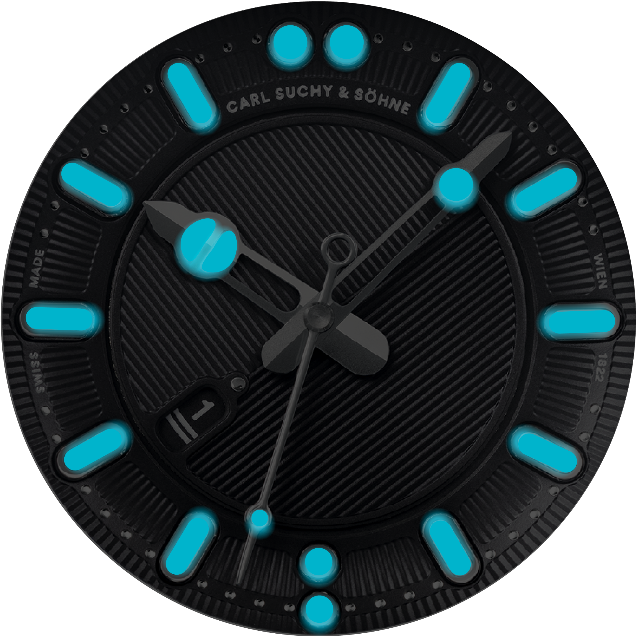 Close-up of a black watch face with glowing blue hour markers and the brand name Carl Suchy & Söhne.