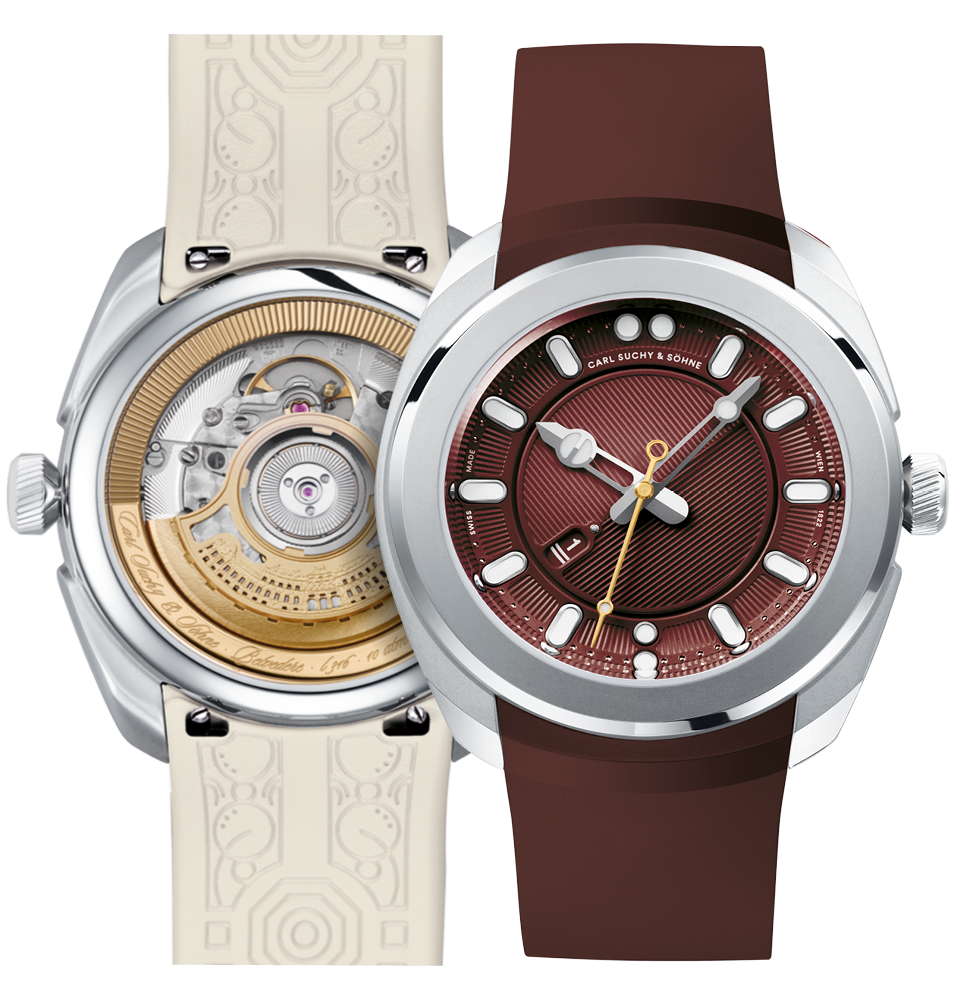 Two luxury wristwatches, one showing the front with a red dial and the other showing the back with a visible mechanical movement.