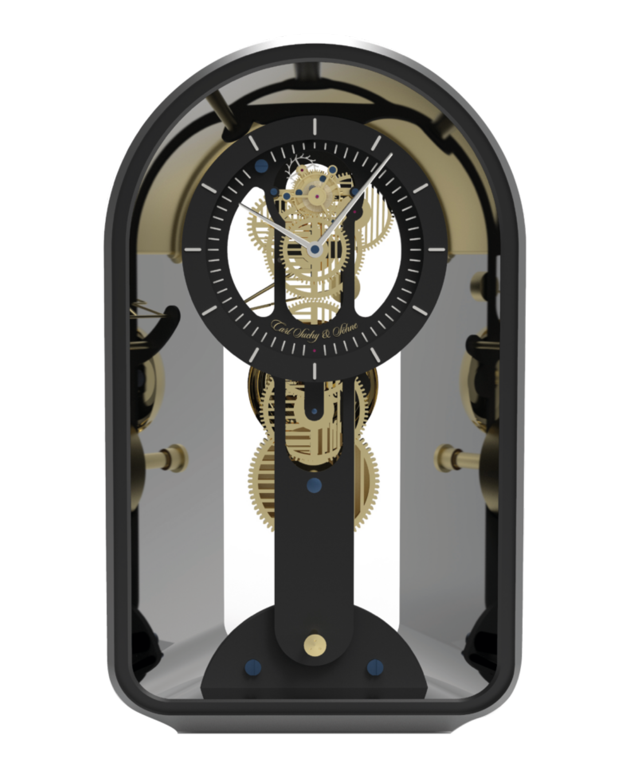 A modern skeleton clock with exposed gears behind a glass case, featuring a black and gold color scheme and a round clock face with Roman numerals.