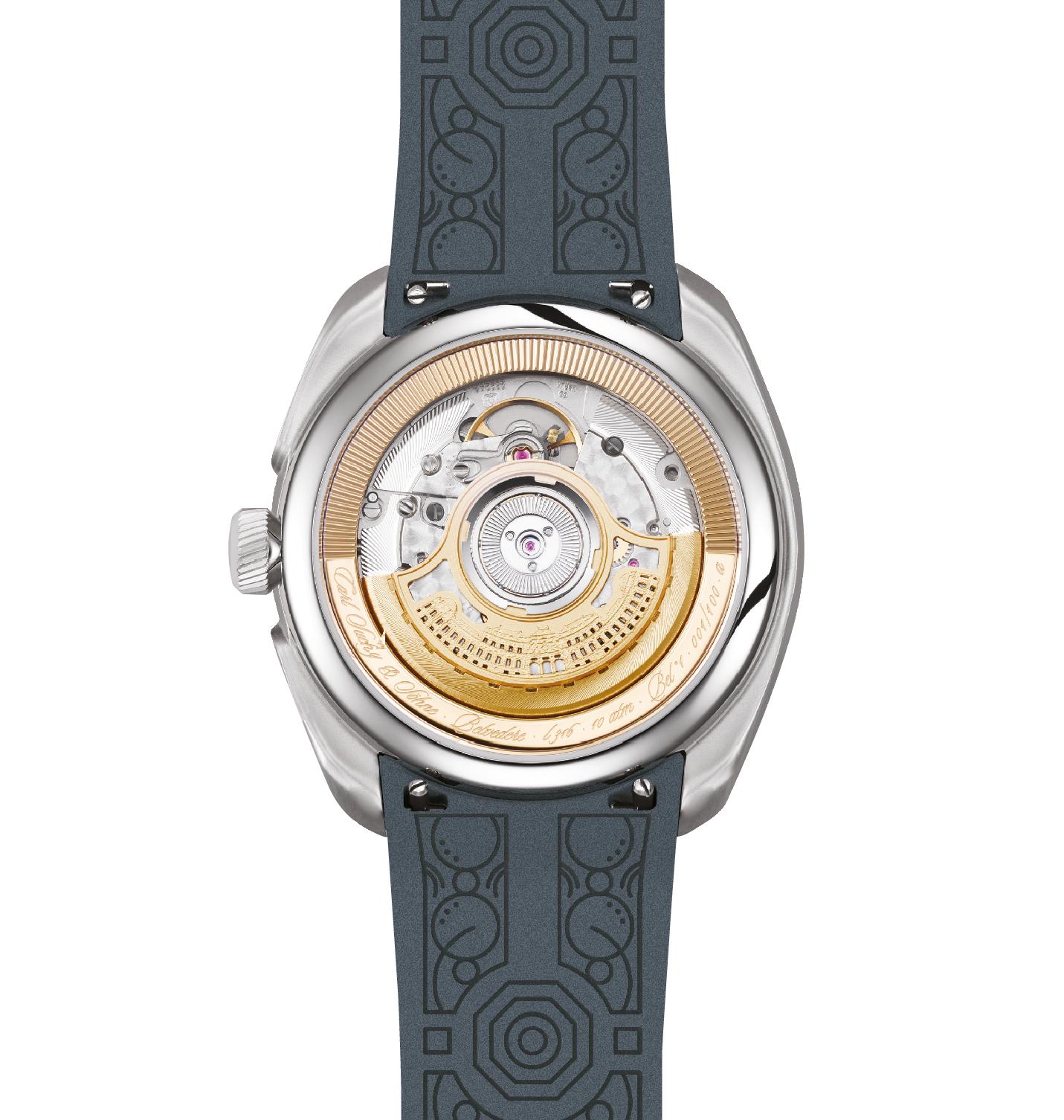 Rear view of a luxury wristwatch with a transparent case back revealing the intricate mechanical movement inside. The watch has a silver and gold-toned design with a dark patterned strap.