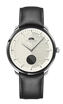 A silver wristwatch with a black leather strap and a beige dial featuring black and silver hands and subdials.