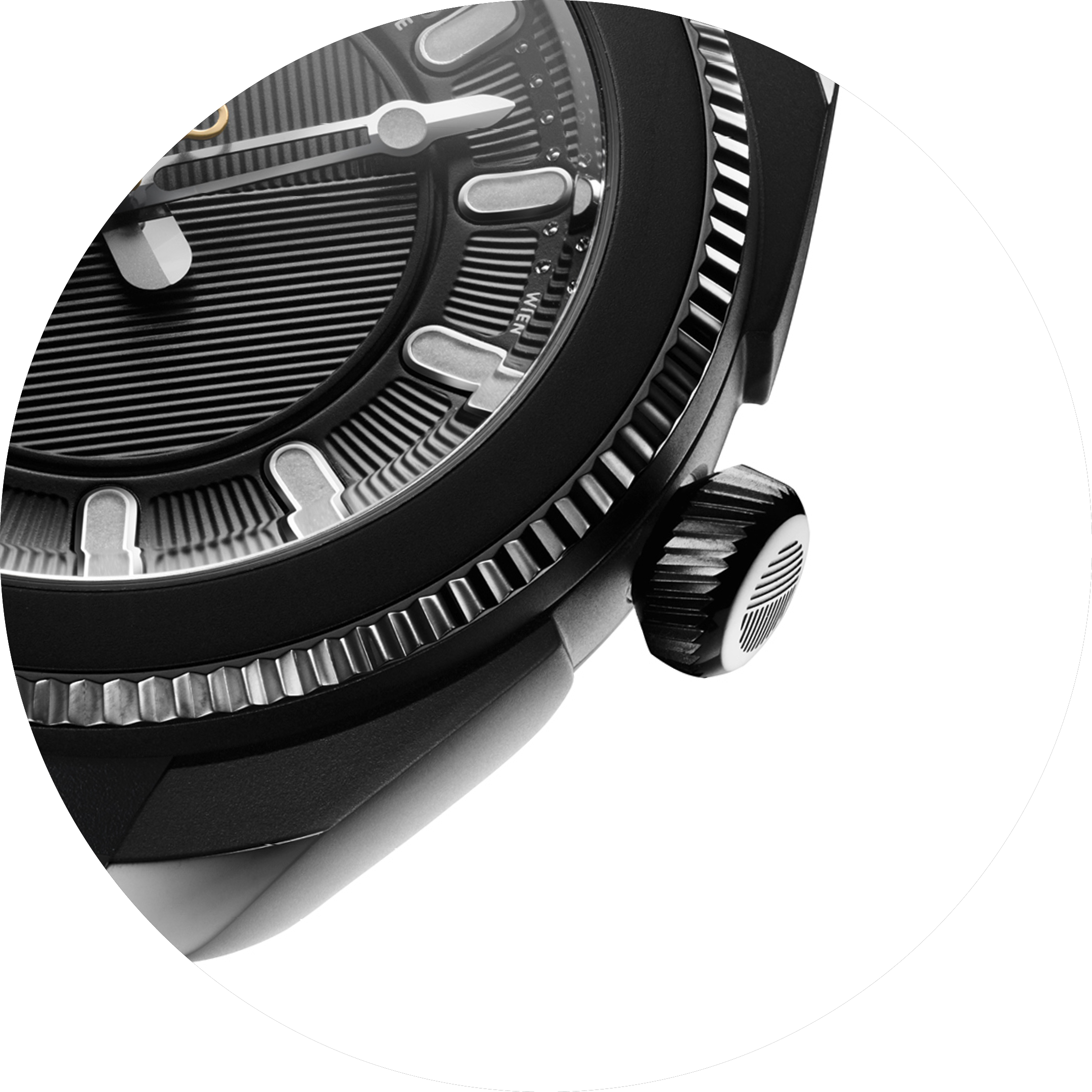 Close-up of a luxury wristwatch with a black and silver design, showing the watch face and partial band.