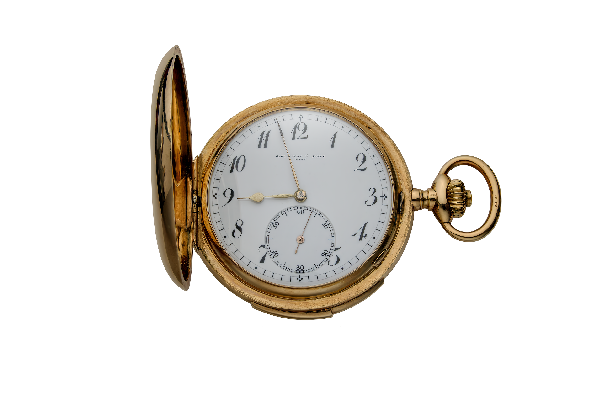 Close-up of an antique gold pocket watch with a white face and black numerals, partially open, showing the time as 9:55.