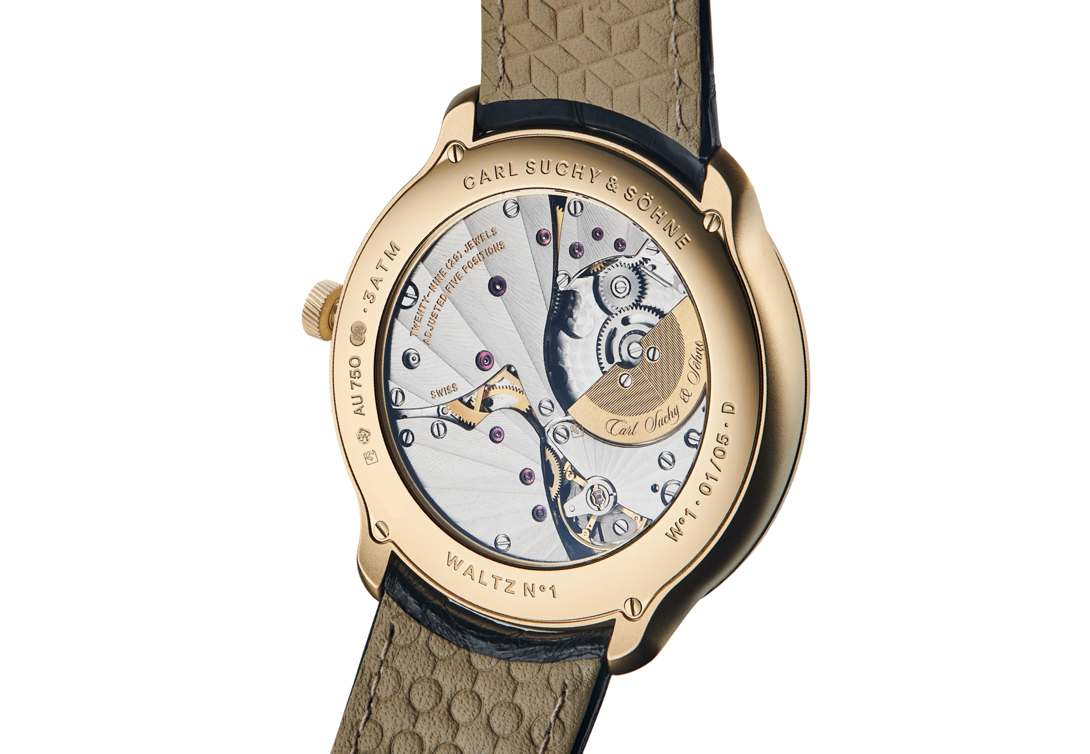 Back view of a luxury Waltz Nº1 Gold with a visible mechanical movement, gold case, black leather strap, and engraved details including 'Carl Suchy & Söhne' and 'Waltz No.1'.