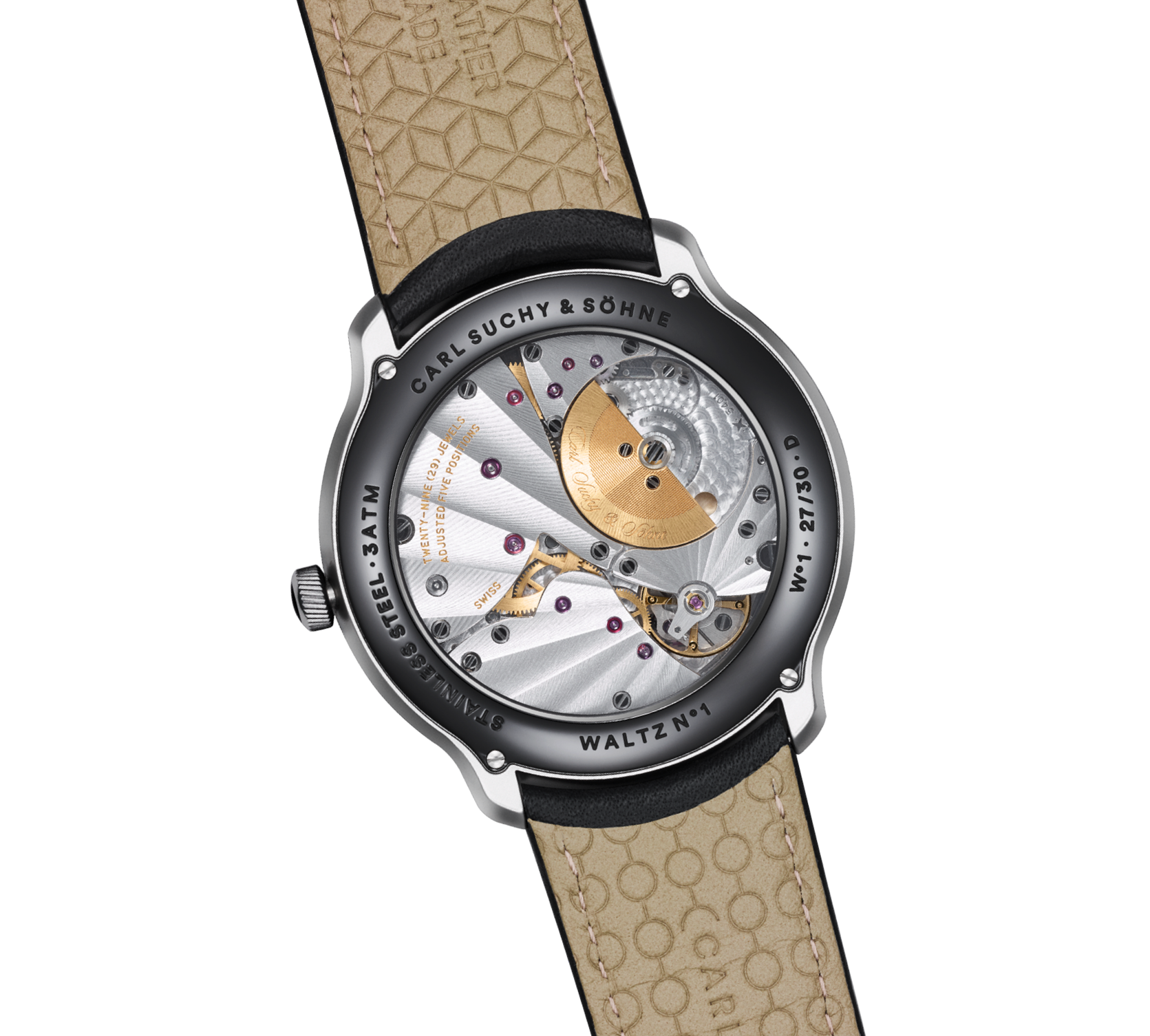 A watch with a metallic case and a transparent back showing the mechanical movement inside, attached to a beige leather strap with a pattern of small circles.