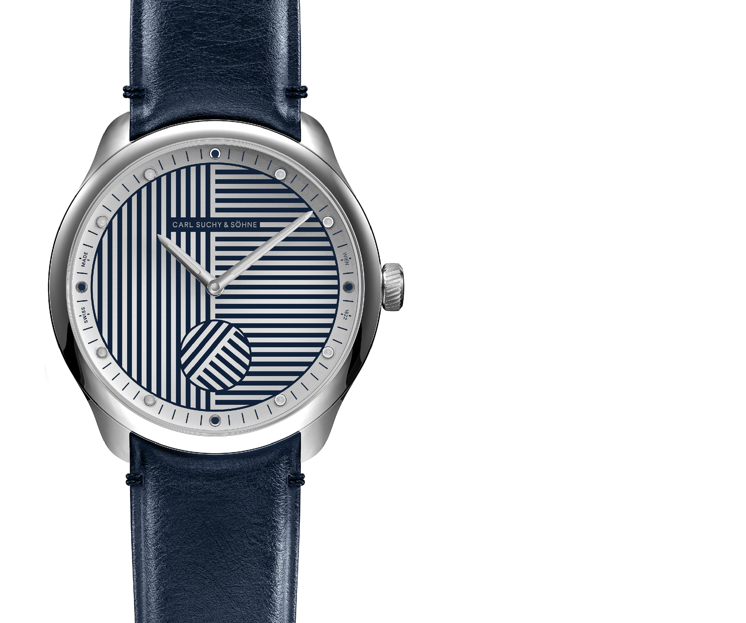 Vienna Blue Danube. A wristwatch with a blue and white patterned face, silver case, and navy leather strap.