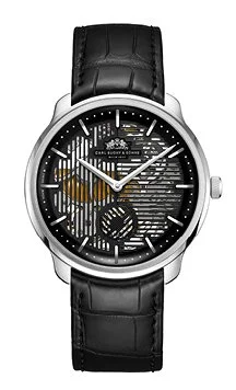 Luxury wristwatch with black dial, silver case, and black leather strap, featuring abstract pattern and multiple time indicators.