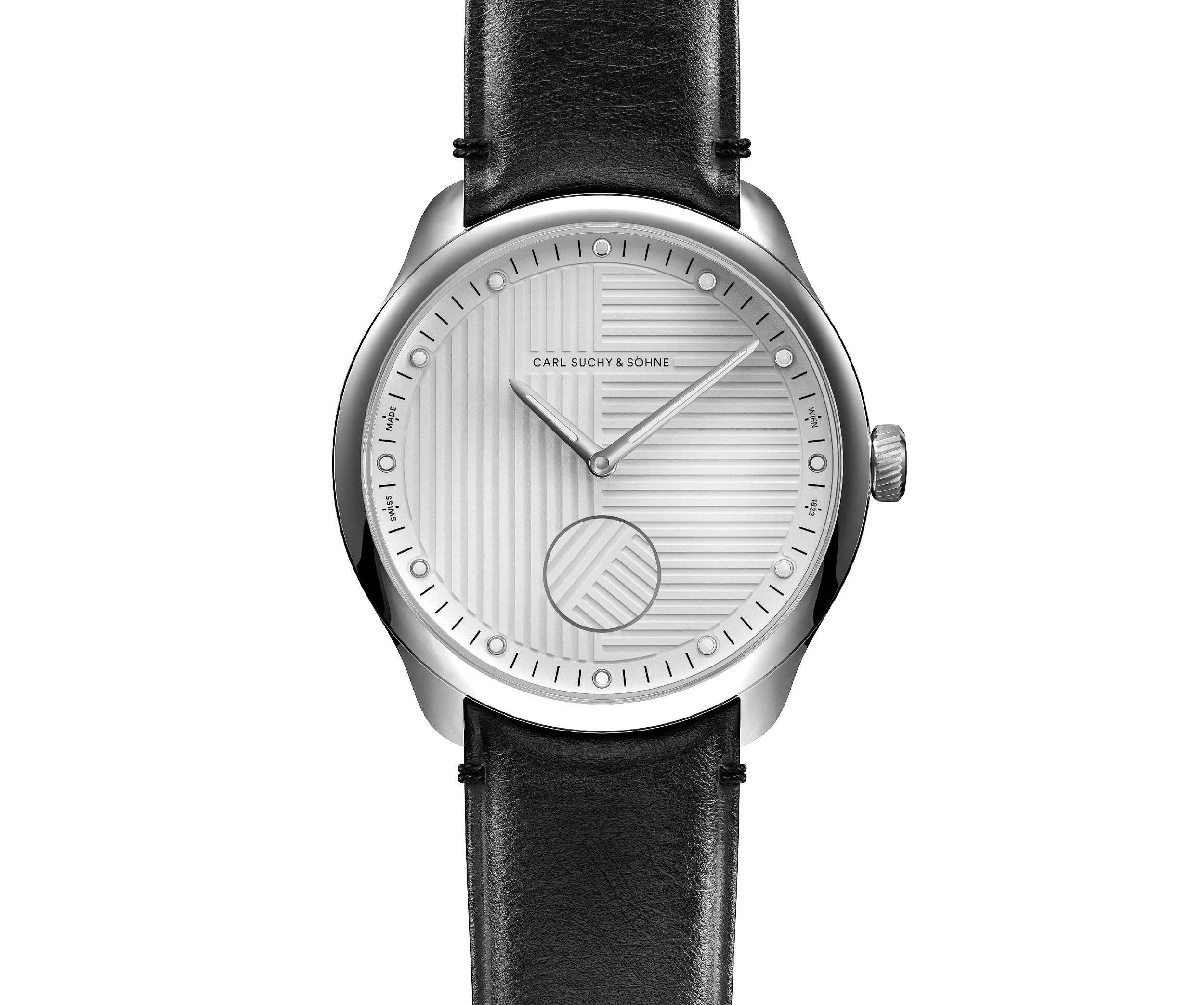 Vienna Day. A wristwatch with a white textured dial, silver case, black leather strap, and minimalist design, featuring hour and minute hands and a small seconds subdial.