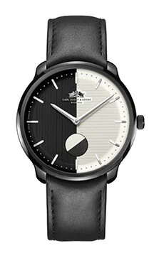 A black leather strap watch with a black and white dial, black and white sections, and simple hands.