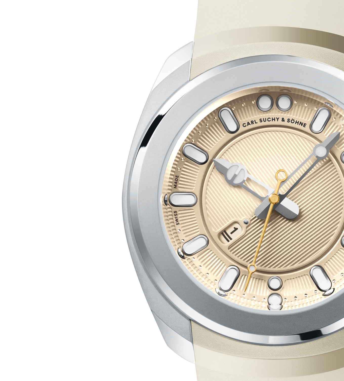 Close-up of a wristwatch with a gold and silver dial, white luminous hour markers, silver hour and minute hands, a small date window, and a beige strap.