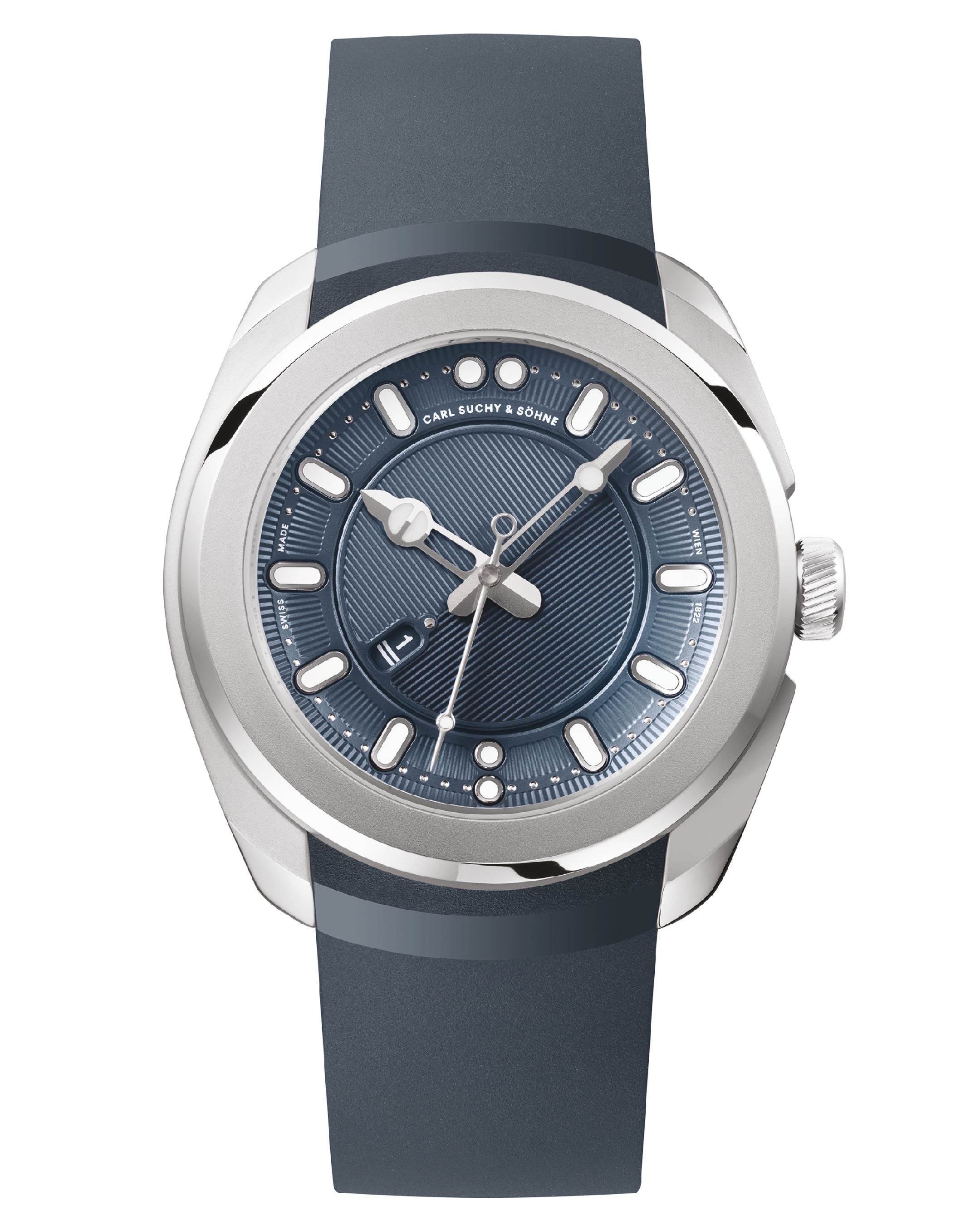 Belvedere Blue Danube. A luxury wristwatch with a blue dial, silver case, and blue strap, featuring date and multiple dials.