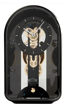 Modern wall clock with visible inner mechanics and pendulum.