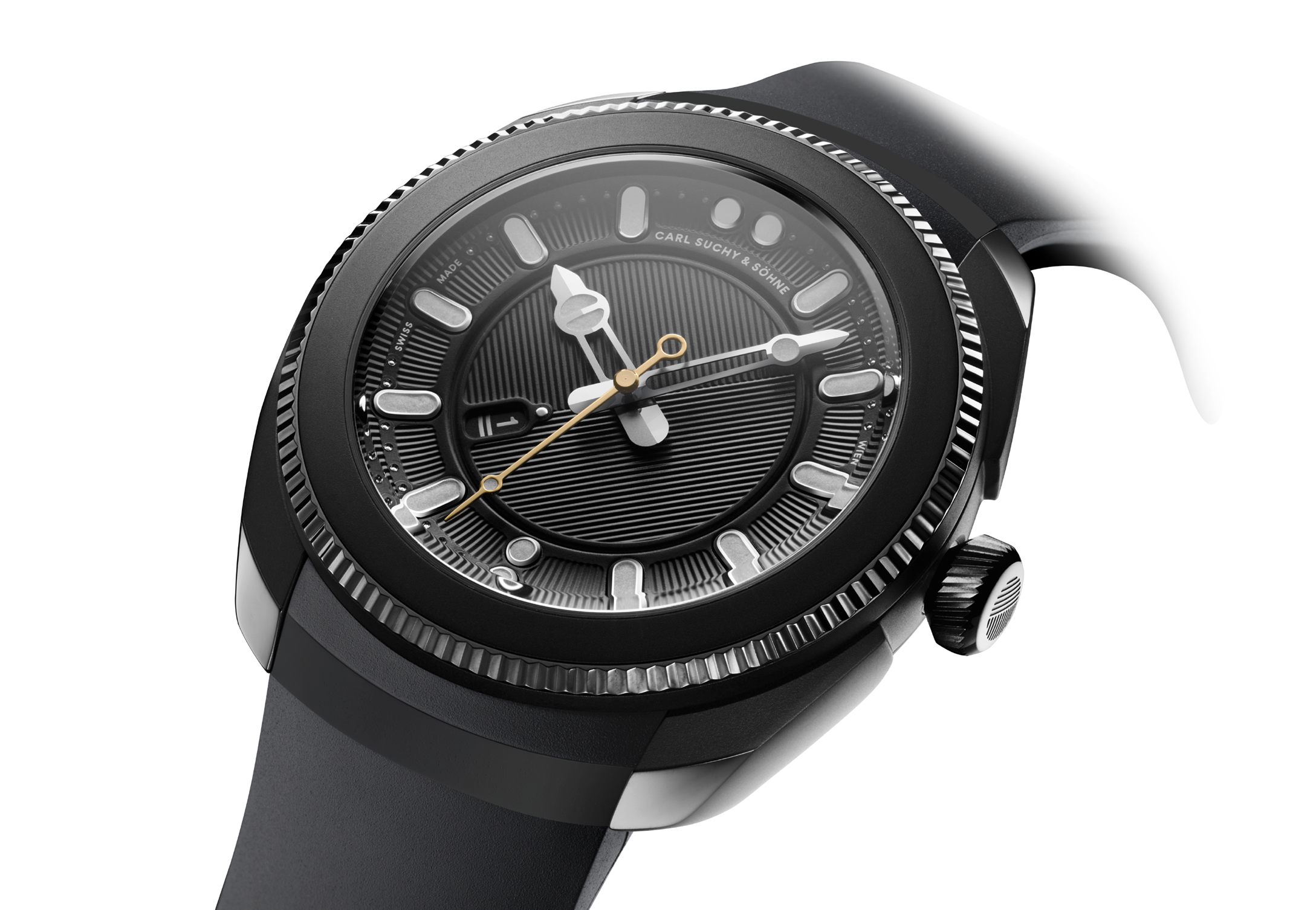 Close-up of a black wristwatch with a textured dial, silver markers, and three hands, on a black strap.