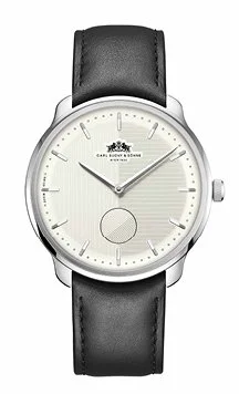 A men's wristwatch with a silver round face, black leather strap, and minimalist design, featuring the Carl Proun & Sons logo at the top.
