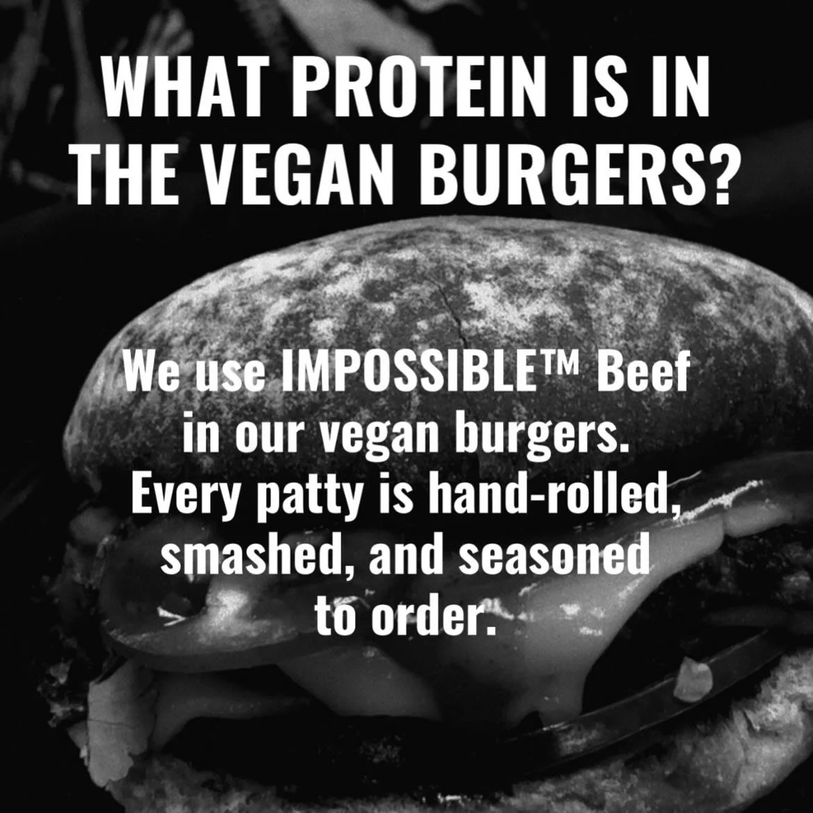 Close-up image of a vegan burger with a textured bun, lettuce, tomato, and vegan patty, with overlaid text promoting Impossible beef in vegan burgers.