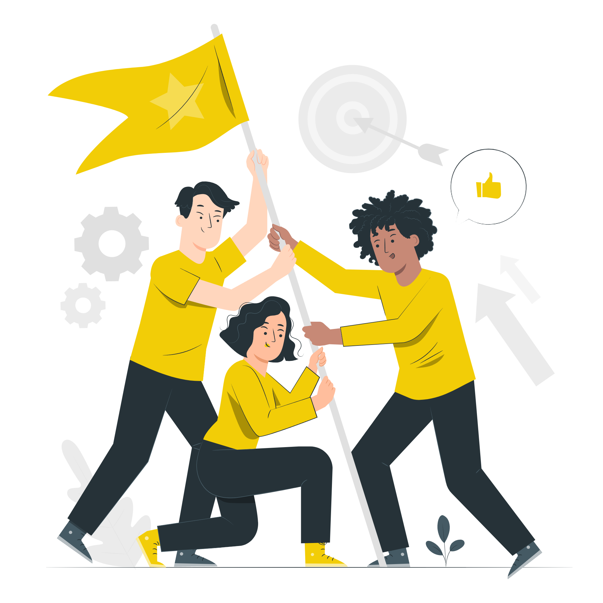 Three people working together to raise a yellow flag with a star, symbolizing teamwork, achievement, and success. The scene has gears and arrows indicating progress and collaboration, with a target and thumbs-up icon representing goals and approval.