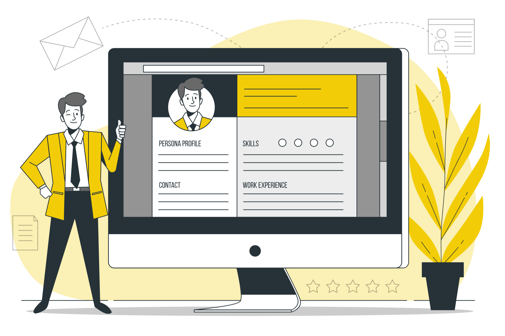 Illustration of a man in a yellow jacket giving a thumbs up next to a computer screen displaying a resume with sections for profile, contact, skills, and experience.