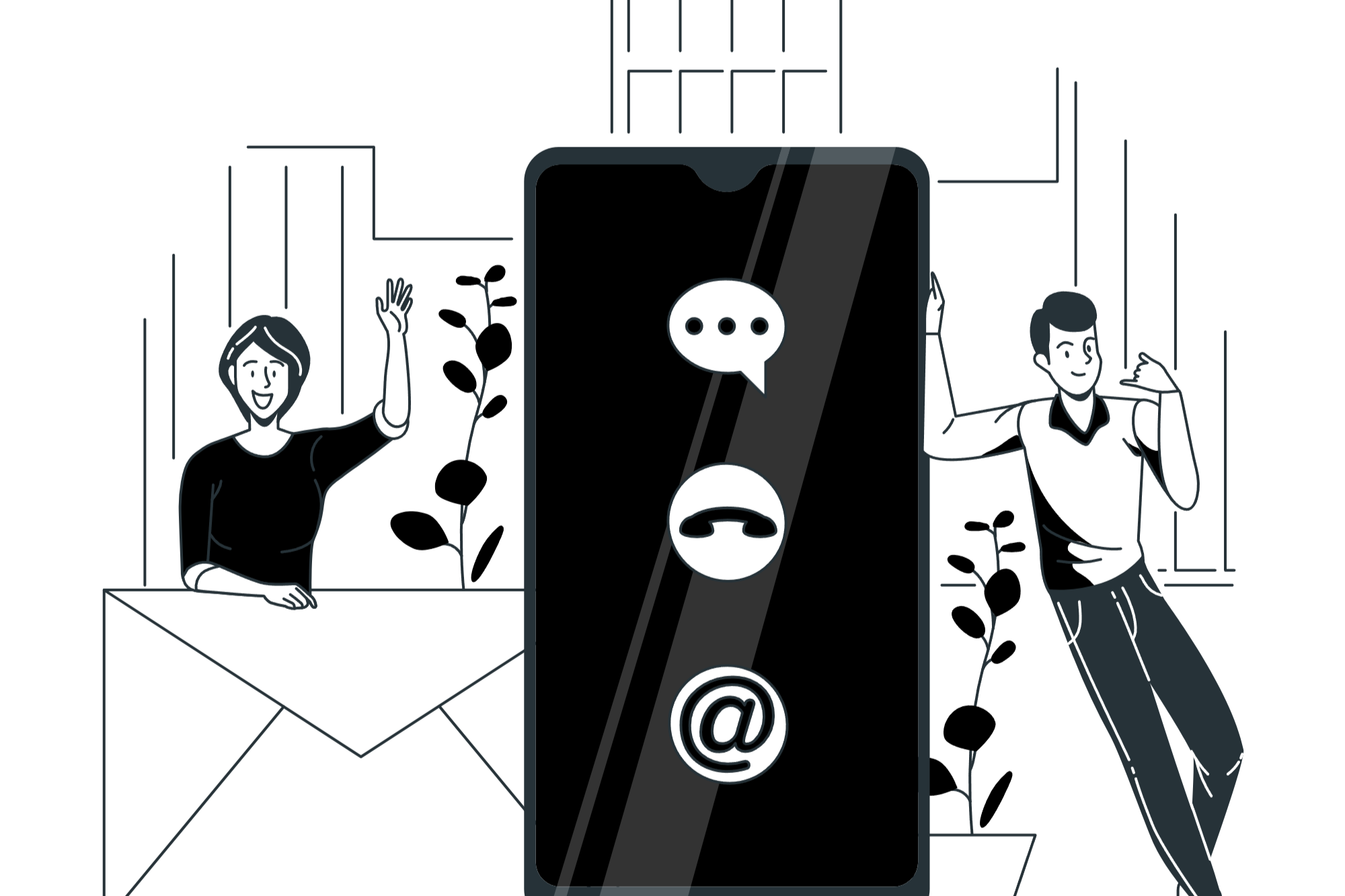 Illustration of a large smartphone with chat icons on its screen, surrounded by a woman sitting at a table on the left waving and smiling, and a man on the right talking on a cell phone and posing, all depicted in grayscale.