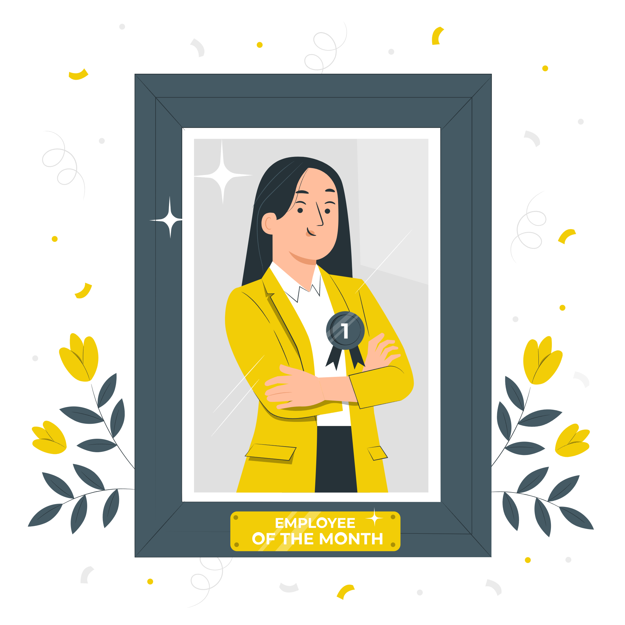 Illustration of a woman with long dark hair and light skin, wearing a yellow blazer and a white shirt, inside a gray picture frame with a yellow badge that reads "Employee of the Month." The woman is crossing her arms and has a black ribbon with the number 1 on her chest. The background has black with yellow and white confetti and floral elements.