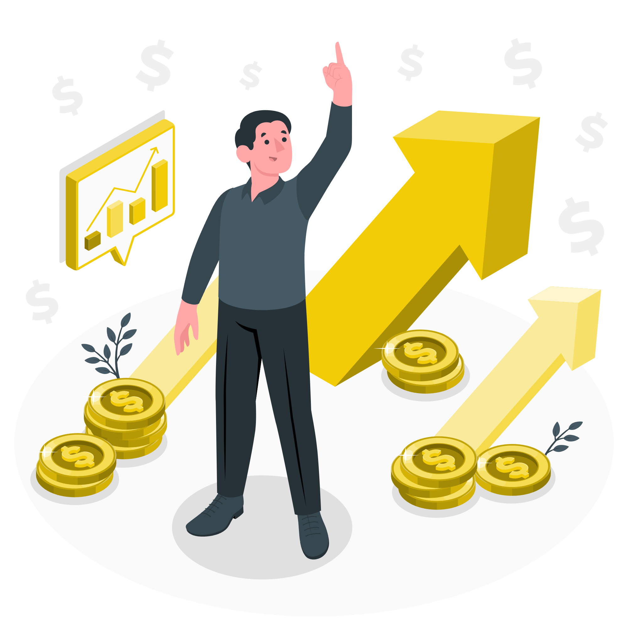 A man in a dark shirt and pants pointing upward with an arrow, surrounded by ascending gold coins with dollar signs, a rising arrow, and a growth chart indicating financial growth.