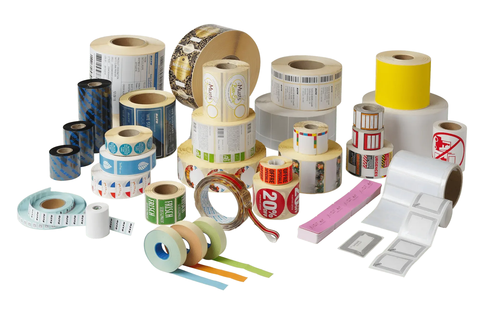 Group of receipt paper, labels and tags from SATO