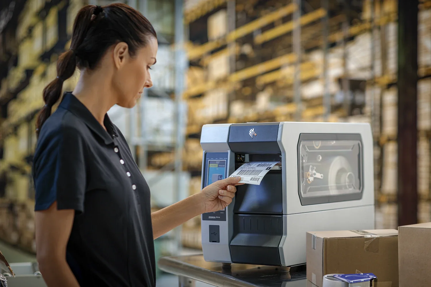 Warehouse worker using a thermal printer solution to print shipping labels