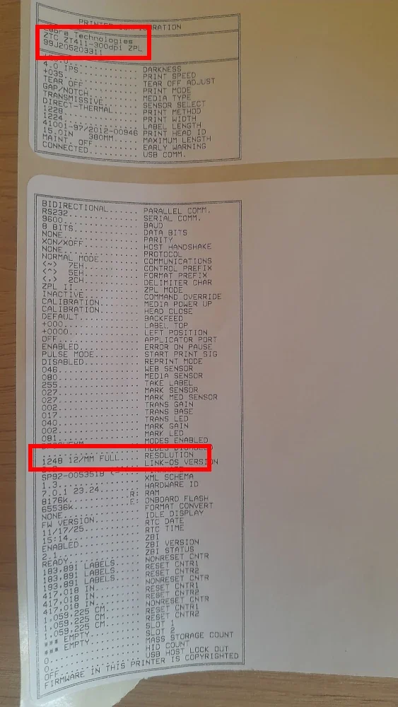 Zebra ZT411 config with printhead resolution highlighted
