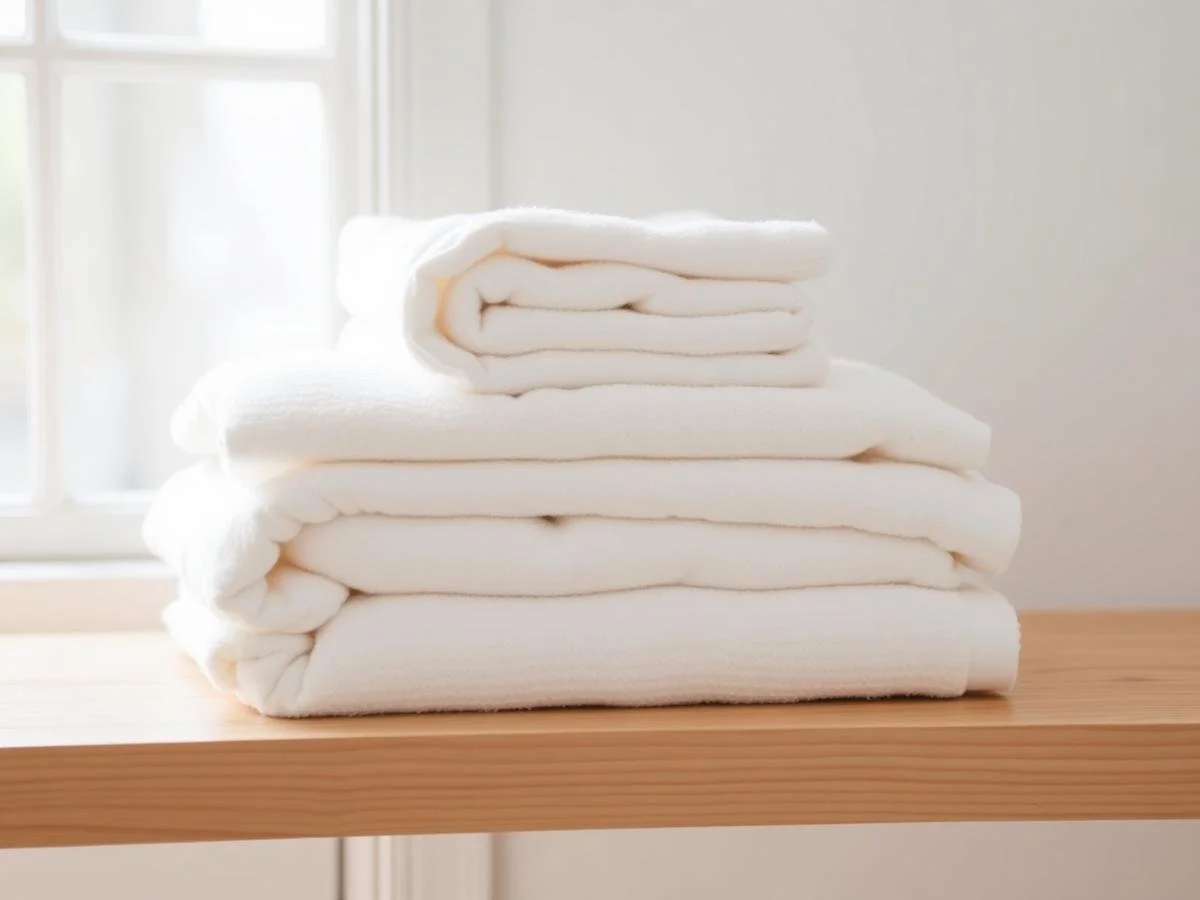 Stack of folded white towels on wooden surface near a window