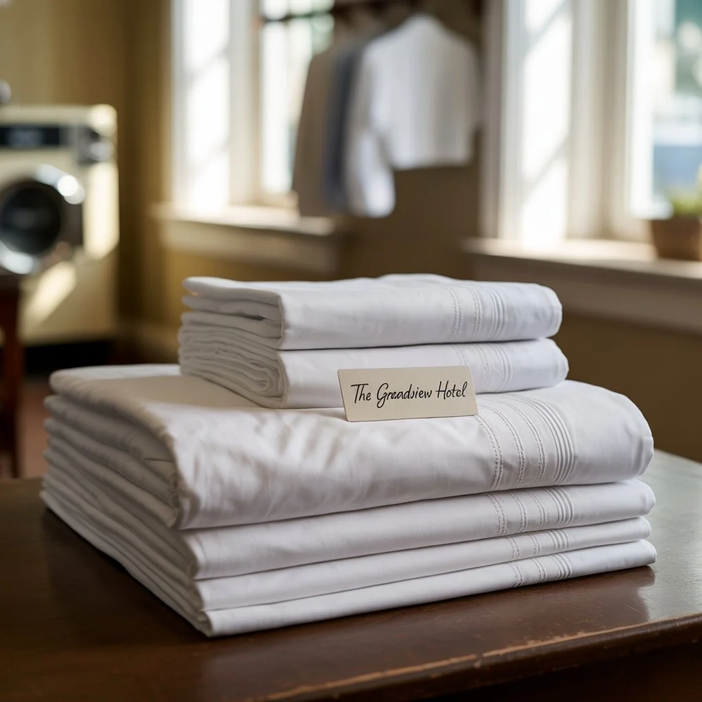 Stack of white folded bed linens on a wooden table with a hotel name tag that reads 'The Gradview Hotel'; in a room with a window and curtains.
