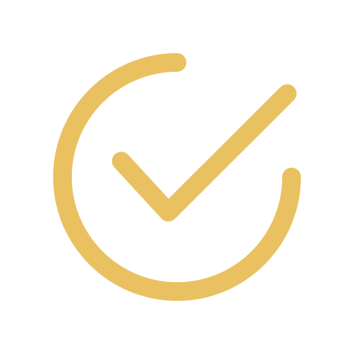 Gold check mark inside a circle on a black background.