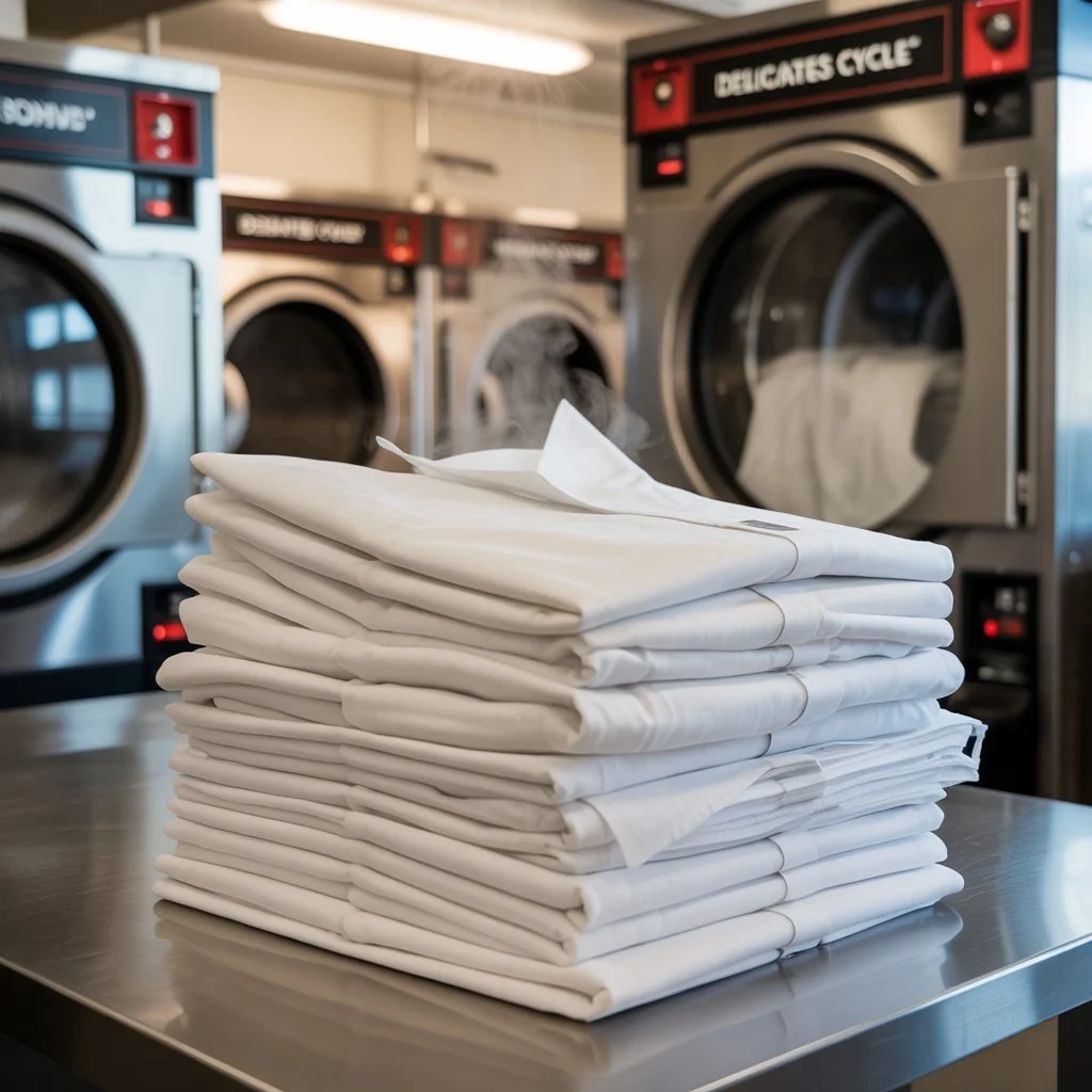 A stack of neatly folded white laundry on a stainless steel table in a laundromat with washing machines in the background.