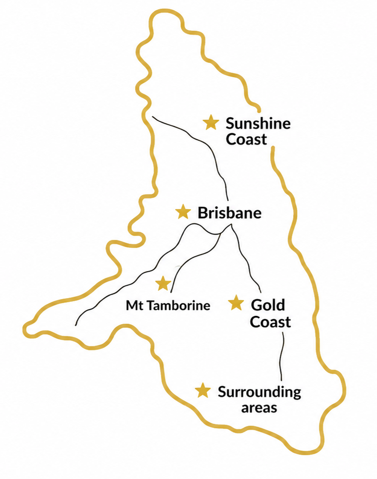 Map of southeastern Queensland highlighting Sunshine Coast, Brisbane, Mt Tamborine, Gold Coast, and surrounding areas in Australia.