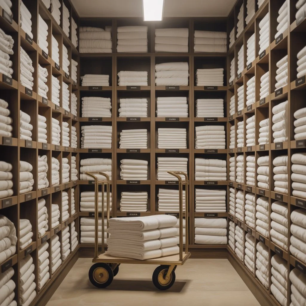 A storage room filled with neatly folded white towels organized on wooden shelves, with a rolling cart holding additional folded towels in the center.