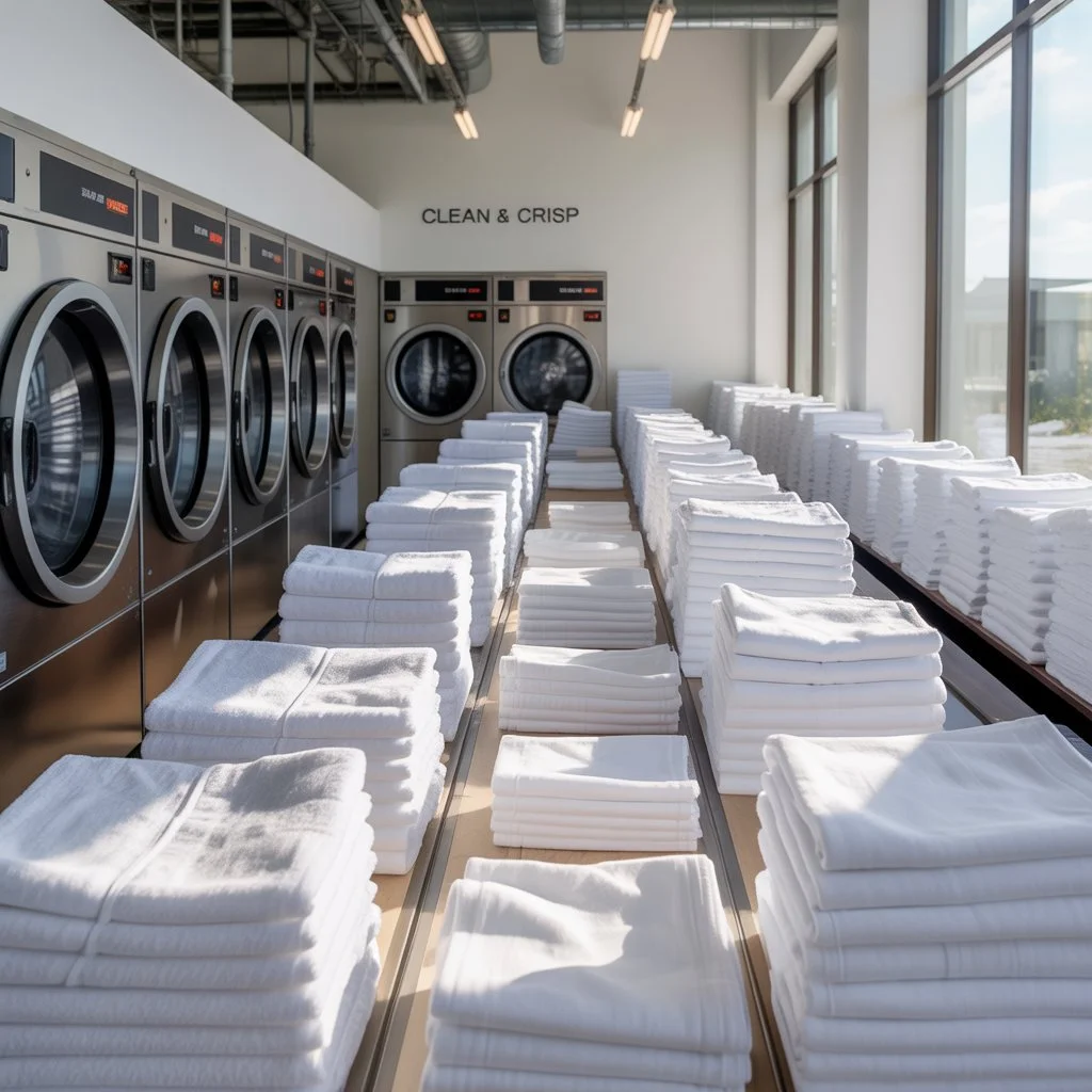 Laundry room with washing machines and stacks of folded white towels near large windows