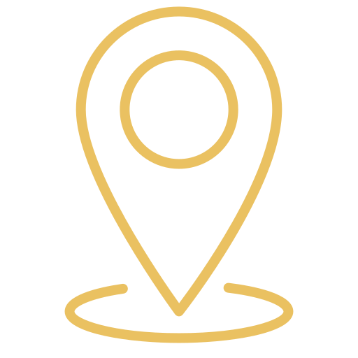 Gold outline of a map pin icon with a circular base and pointed top, representing a location marker.