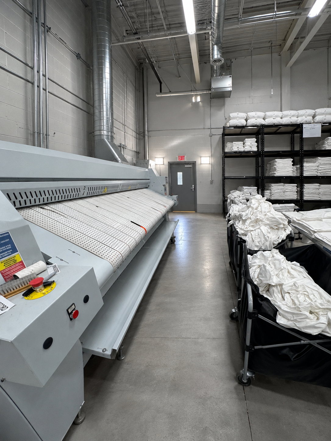Industrial laundry room with large sheet press, shelves filled with white linens, and carts holding crumpled laundry, with gray walls, concrete floor, and a door with an exit sign.