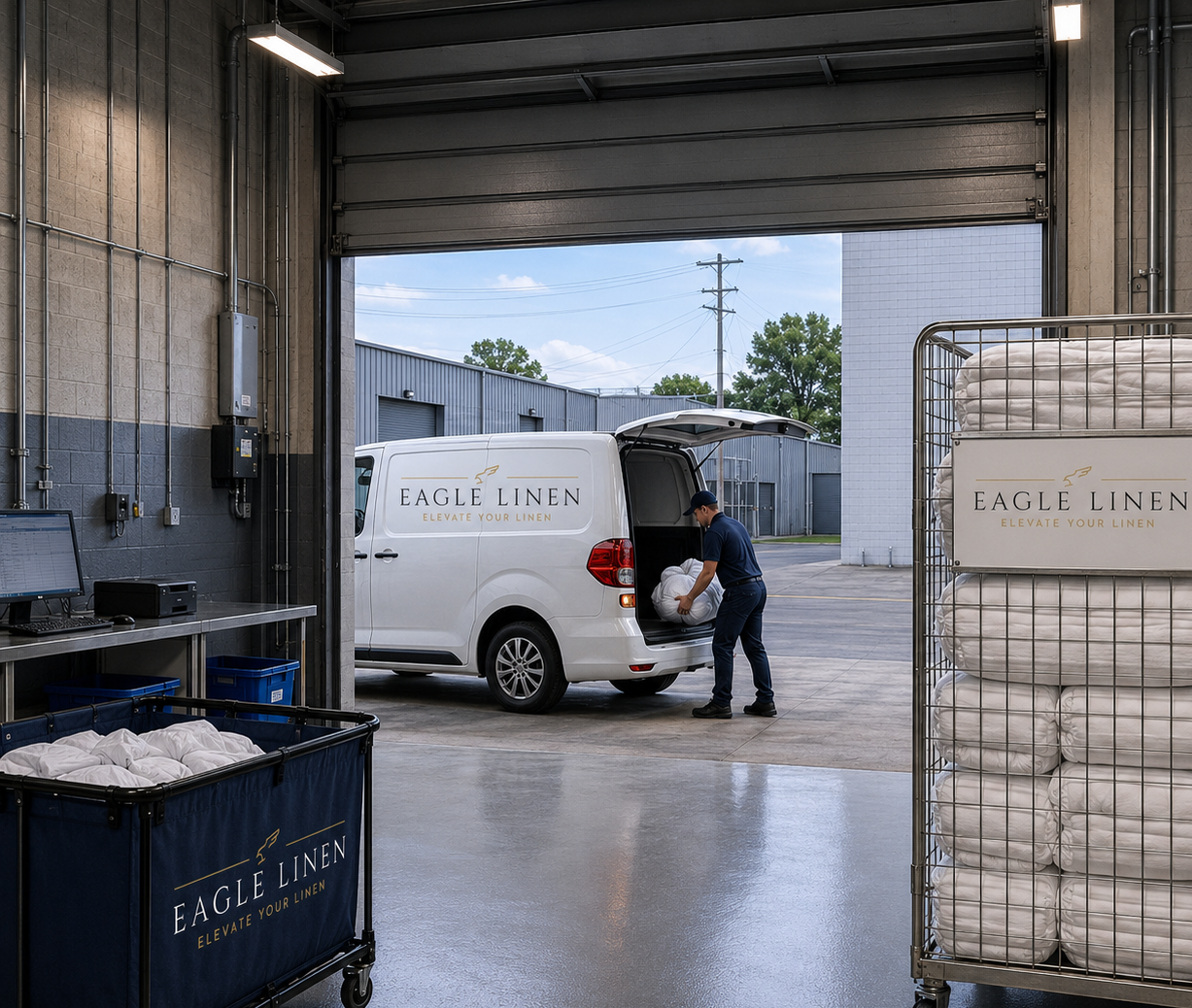 A worker loading linen bags into a van at Eagle Linen warehouse with shelves of linen bags and laundry carts in the foreground.