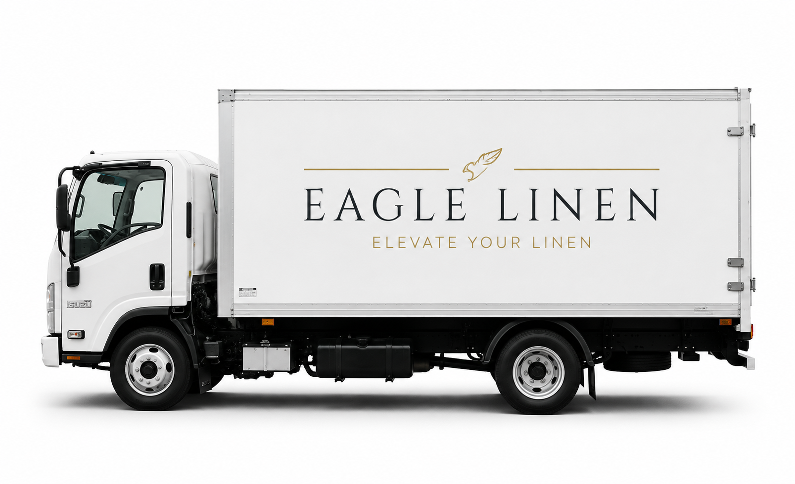 White delivery truck with 'Eagle Linen' logo and the slogan 'Elevate Your Linen' on the side.