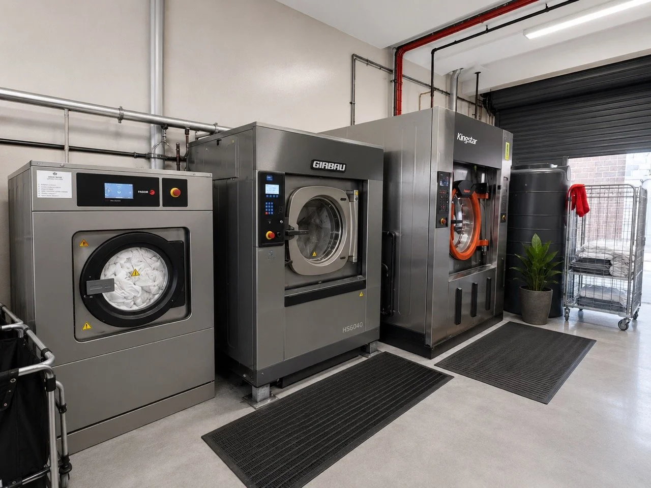 Laundry room with three industrial washing machines and a laundry cart with folded towels.