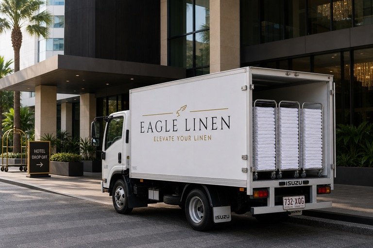 A white delivery truck with the logo and name Eagle Linen and the slogan "Elevate Your Linen" on the side, parked outside a modern hotel entrance with palm trees and a directional sign.
