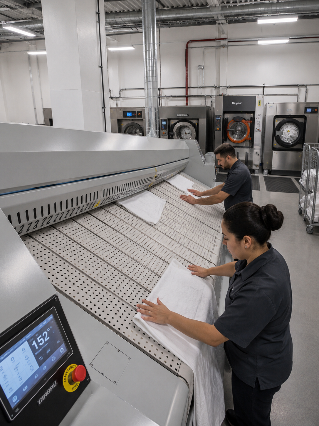 Two workers are operating large industrial washing machines in a laundromat or industrial laundry facility. They are handling large white linens or fabrics on a conveyor belt system.