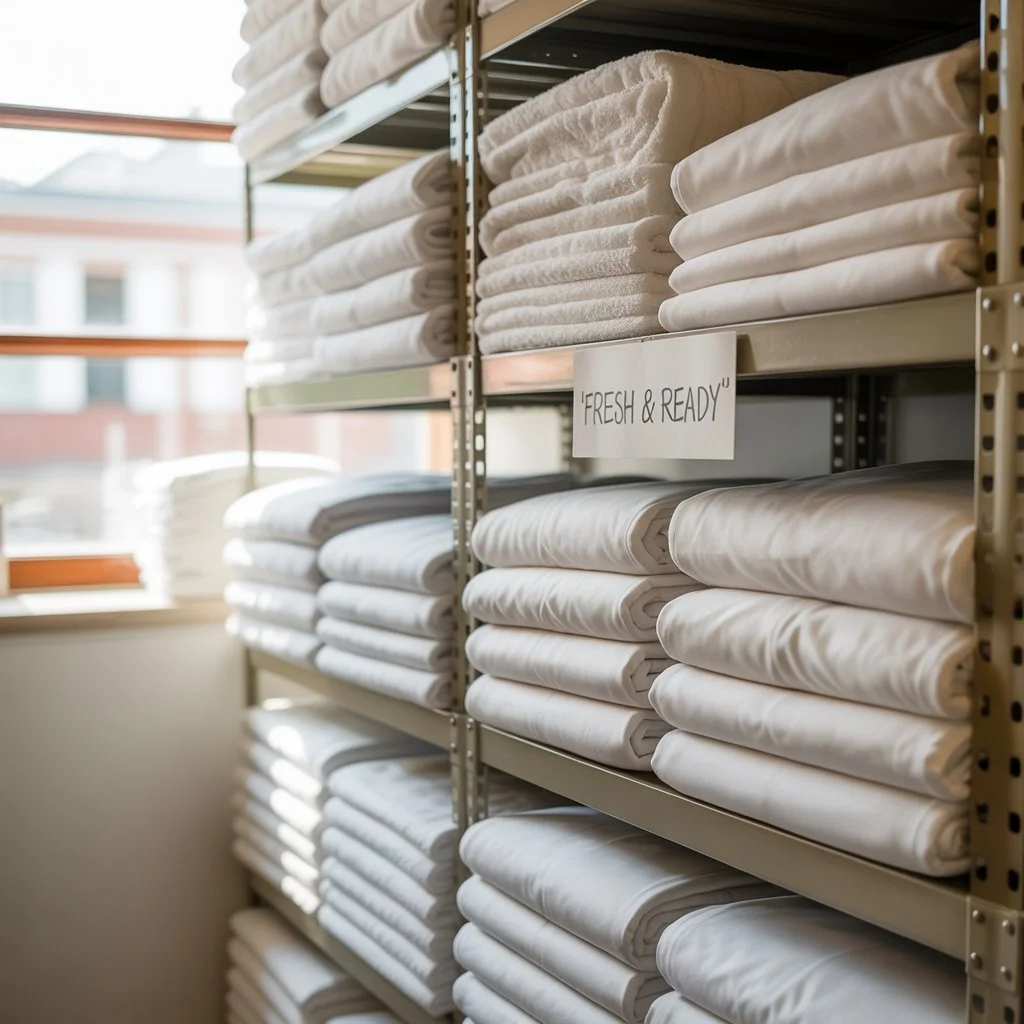 Shelves filled with neatly folded white bedsheets in a laundry or linen storage room.