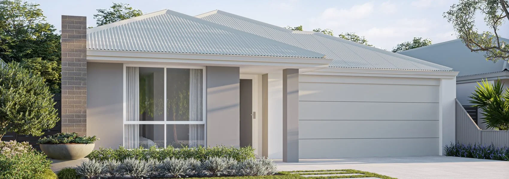 by CBG construction pty ltd Modern single-story house with white exterior, metal roof, large front window, and landscaped yard with plants and trees.
