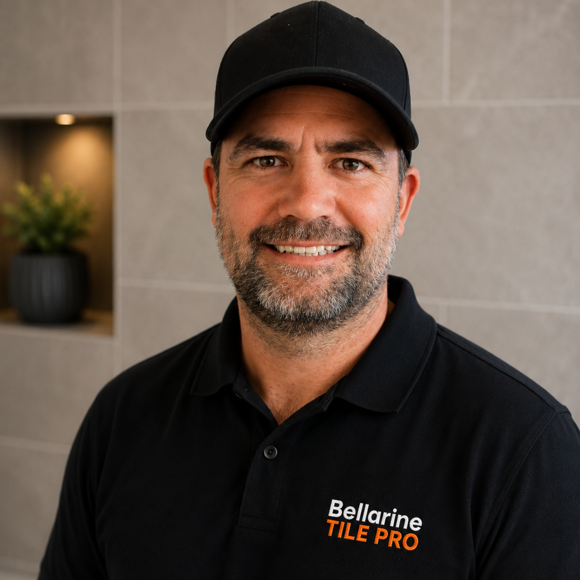 A close-up of a man's face wearing a black cap and black work shirt with orange and white text. The background is a neutral wall with a blurred plant and a lit niche. Andy from Bellarine Tile Pro. Qualified Tiler Victoria Australia