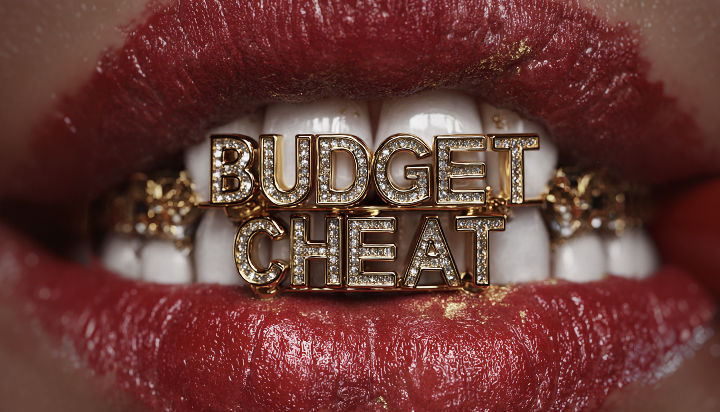 Naheaufnahme eines Mundes mit roten Lippen, die eine goldene Halskette mit dem Schriftzug 'BUDGET CHEAT' im Mund halten, verziert mit Diamanten.  OFF/BRIEF; BDX Media, Trendcon.